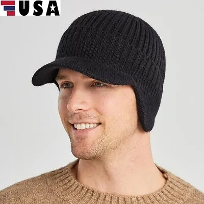 Men Women Knit Hat Winter Warm Stretch Beanie Ear Flaps Cap Outdoor Brim Ski Hat • $9.54