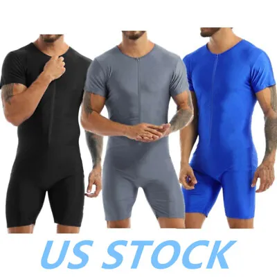 US Mens Short Sleeve Bodysuit Zipper Workout Jumpsuit Leotard Wrestling Singlet  • $14.09