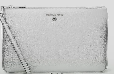 NWT Michael Kors Large Metallic Pebbled Leather Zip Clutch/Wristlet Silver • $79.99
