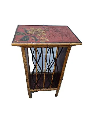 Vintage Edwardian Bamboo Stand Table Accent Display Bar Cabinet Red Floral RARE  • $1218