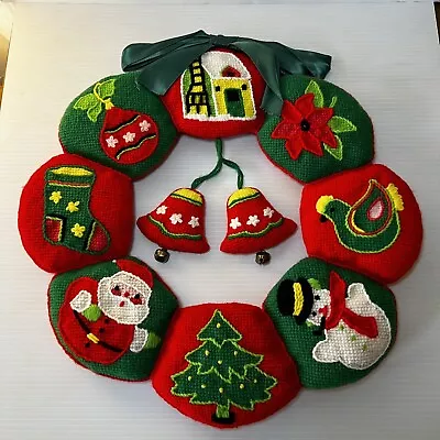 Vintage Needlepoint Wreath Christmas Wall Hanging Bells 1970s COMPLETED • $21.90