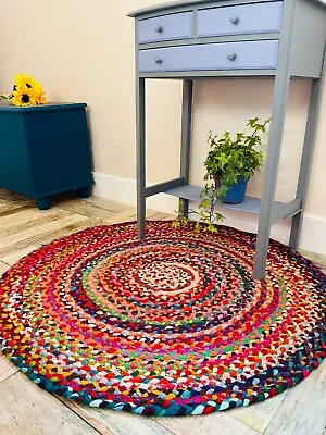 Round Rug Rainbow Rugs Multi Colour Braided Mat Recycled Carpet Small Large Mats • £24