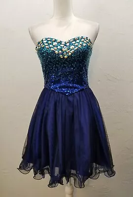 Masquerade Size 5/6 Blue Beaded Sequin Strapless Short Tulle Prom Dress • $27.96