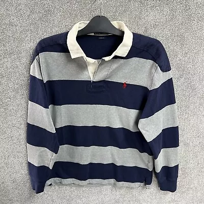 Ralph Lauren Rugby Shirt Mens Medium Navy Blue Grey Jumper Sweater Polo Striped • £49.99