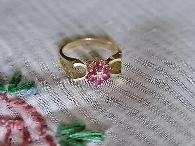 Vintage 1970's Ruby & Diamond Flower Ring 14k Yellow Gold In Size 6 • $199.99