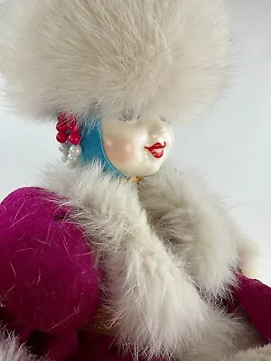 Vintage Porcelain Russian Doll With National Dress Hat Faux Fur Trim Shoes 16  • $75