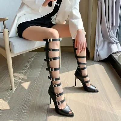 Womens Knee High Gladiator Sandals Strappy Peep Toe High Heel Hollow Out Boots • $63.60