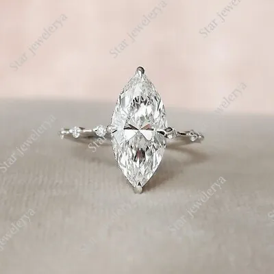 Marquise Cut Moissanite Ring  Round Stone Micro Pave Hidden Halo Engagement Ring • $180.68