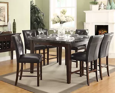 Dark Cherry Finish 7pc Dining Set Marble Top Counter Height Table With 6 Chairs • $1599