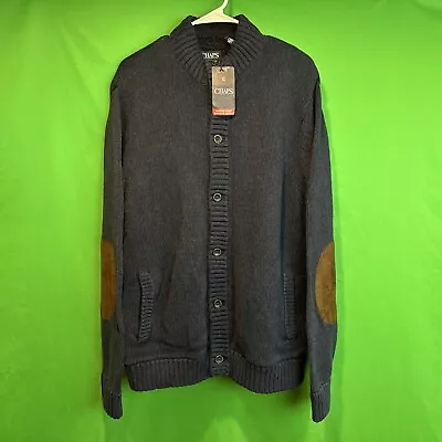 CHAPS Cardigan Sweater Mens XL Navy Sherpa Lined Button Front Pockets Patches • $67.99