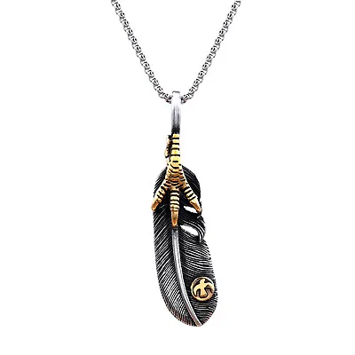 Mens Eagle Claw Necklace Gold Angel Feather Pendant Stainless Steel Chain • $7.99