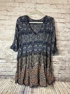 Ecote Dress Women’s Small Fit & Flare Navy Blue Paisley Long Sleeve V Neck Ombre • $17.09