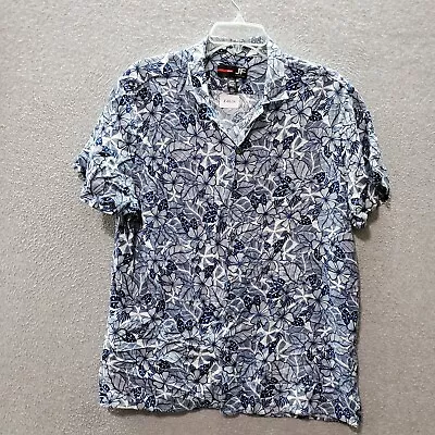 J Ferrar Men Button Up Shirt Large Blue Floral Hawaiian Short Sleeve Rayon • $11.12