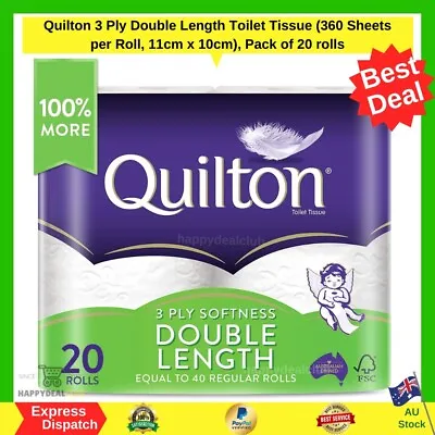 $34.99 • Buy Toilet Paper 20 Rolls Deluxe Quilton 3 Ply Double Length Large Roll Tissue Bulk