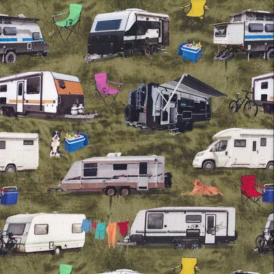 NEW Caravans RV Motorhomes On Grass Caravanners Quilting Fabric 1/2 Metre • $15.95