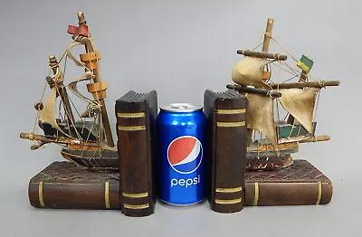 Vintage Spanish Galleon Pirate Ship Wood Book Ends Bookends Mid Century • $39.99