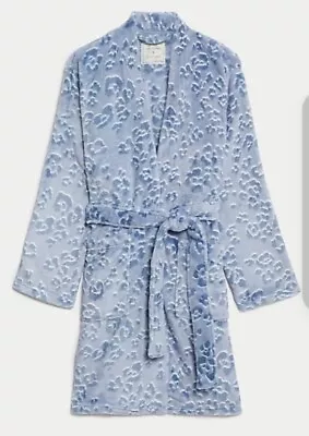 M&S Fleece Animal Print SHORT Dressing Gown Blue Size S • £15.90