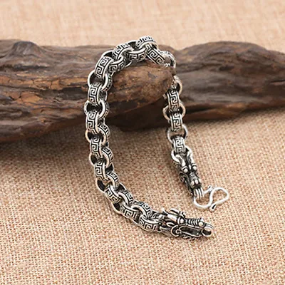 $104.36 • Buy Real Solid 925 Sterling Silver Bracelet Round Link Chain Dragon Loop Jewelry 