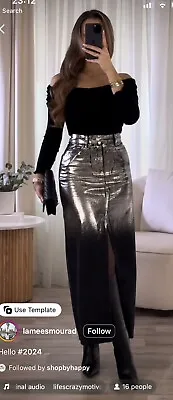 Zara Foil High Waist Metallic Silver Black Denim Maxi Long Skirt Slit XS BNWT • £27.99