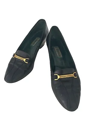 Vtg 60’s Gucci Women’s Black Loafer Stacked Heel Gold Chain Accent Sz 36.5 AA • $100