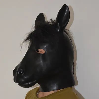 Latex Rubber Black Fetish Horse Full Head Gum Hood Stallion Doll Man Men Mask • £28.99