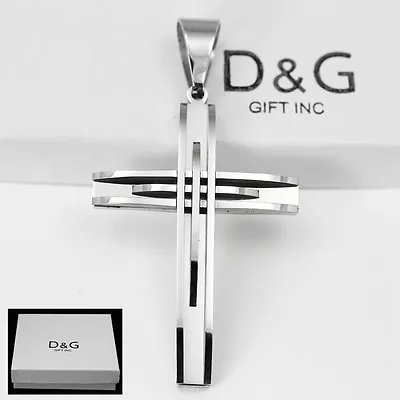 DG Men's Silver Stainless Steel 76mm Cross Large Pendant High Polish + Box • $14.99