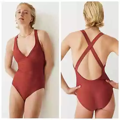 J Crew V-Neck Cross-Back Rust Colored One Piece Swimsuit DD - Size 16 • $35