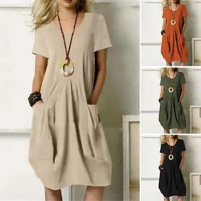 Cotton Linen Women Short Sleeve Smock Dress Casual Loose T Shirt Dress Plus Size • £13.49