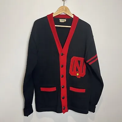 Vintage 1950s Lanza Wool Varsity Letter Sweater Cardigan Patches NQ Black Red • $79.99