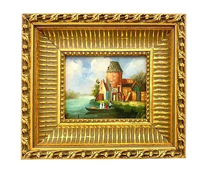 Painting Village By River Oil On Board Landscape Country Vintage Art Decor Gift • $195