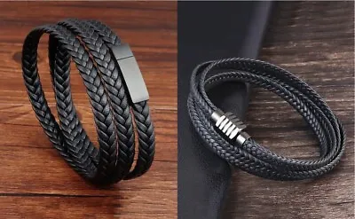 Mens Black PU Leather Buckle Layered String Braided Bracelet Wristband Bangle • £4.99