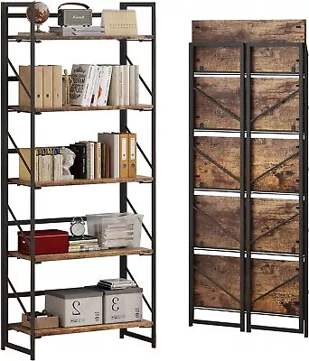 No Assembly Folding Bookshelf 5 Tier Industrial Metal Vintage Wood Easy Setup • $155.99