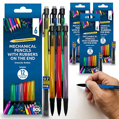 6/12pk Mechanical Pencils Set + 12/24 HB Lead Refills 0.7mm + Erasers Propelling • £2.99