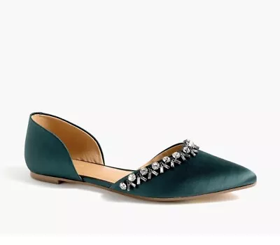 J Crew Academic Green Satin Jeweled Zoe D’Orsay Pointed Toe Flats Size 8.5 • $47.50