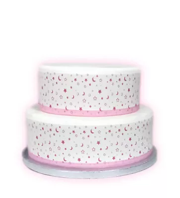 A4 Edible Decor Icing Sheet Moon & Stars Pink Baby Shower Ribbon Cake BORDER  • £3.49