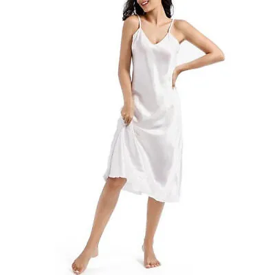 Womens Sexy Long Silk Satin Dress Ladies Sleepwear Lingerie Nightie Nightdress • £8.59