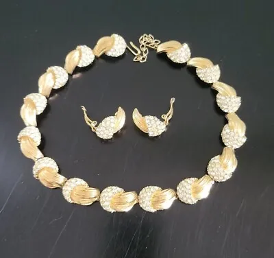 Vintage CINER Texture Gold Tone Pave Collar Necklace Clip On Earrings Runway SET • $706.45