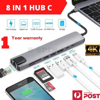 $17.99 • Buy 3/6/7/8 In 1 USB-C HUB Type-C Adapter MacBook/Windows Multi 3.0 4K HDMI Ethernet