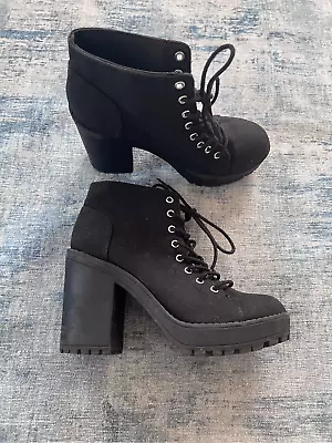 H&M Divided Black Canvas Block Heel Platform Ankle Booties Size 7 • $25