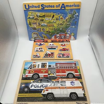 Melissa & Doug Wood Puzzles Lot Of 3 Fire Rescue Sound Vehicles  USA Map(new) • $24.95