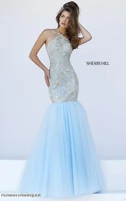 Sherri Hill 50015 Light Blue Gold Pageant Prom Gown Dress Sz 12 • $162.49