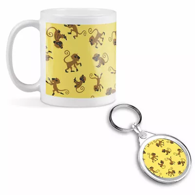 Mug & Round Keyring Set - Yellow Cheeky Monkey Pattern Jungle  #46492 • £9.99