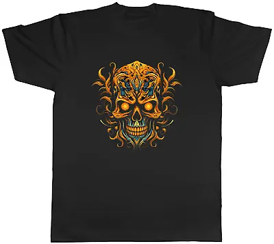 Skull Head Mens T-Shirt Gothic Flame Skeleton Face Tee Gift • £8.99