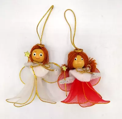 Lot Of 2 Vintage Wood Angel Ornaments Fairy With Tuille Wings Pipe Cleaner Arms • $5.95