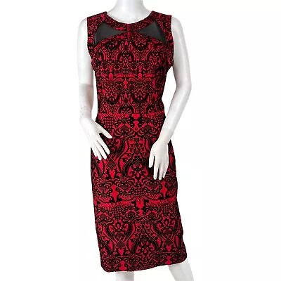 Indication Red Black Velvet Mesh Cut Out Sleeveless Lined Sheath Dress Size 6 • $17.98