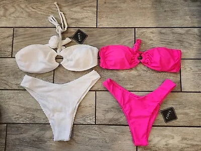 Zaful Bikini Set Pink White Ribbed  High-cut High-waist Bottom Sz M Bundle • £18.99
