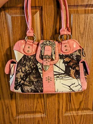 Mossy Oak Licensed Camouflage & Pink Rhinestone Buckle Purse  Camo Handbag • $40