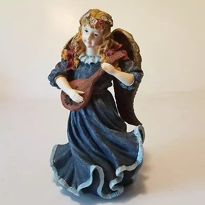 Vintage Angel Figurine Blue W/Guitar Lute Resin 9  Faith Spiritual Religious NOS • $12