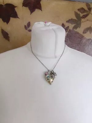 Costume Jewellery Statement Necklace Green Pink Heart Beaded Pendant Accessorize • £7.85