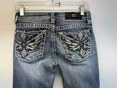 Miss Me Jeans Women' 25”X33” Boot Low Rise Rhinestones Embroidered Wing Med Wash • $34.95